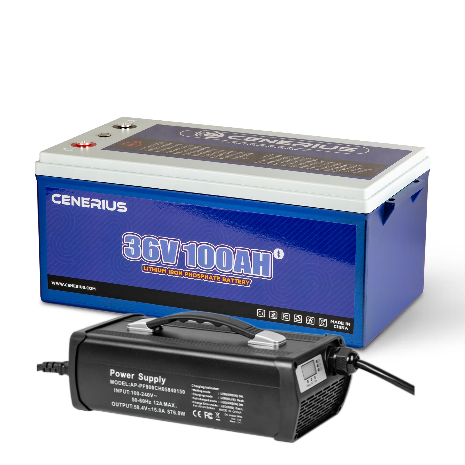 Cenerius 36V 100Ah LiFePO4 Lithium Battery with Bluetooth, Built In 100A BMS,3840Wh Energy,Peak Current 500A,High & Low Temp Protection Deep Cycle Rechargeable,only about 1/3 of the volume and mass of lead-acid batteries, 10 Years Lifetime Warranty,Perfect for golf carts, boat trolling motors, RVs, camping and many other applications